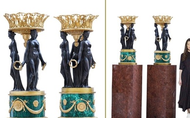 A Pair Of Monumental Empire Figural Bronze/Malachite Centerpieces