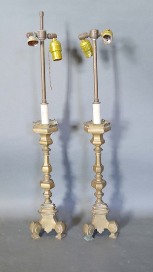 A Pair of 18th Century Style Brass Table Lamps of shaped oct...