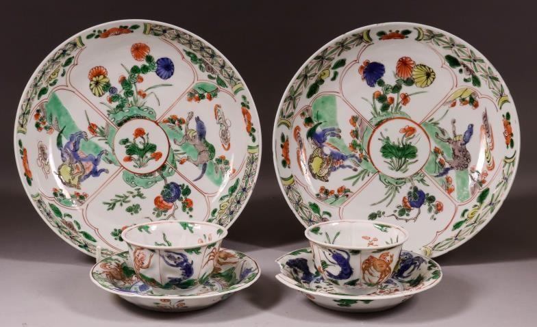 A Pair of Chinese "Famille Verte" Porcelain Saucer Shaped...