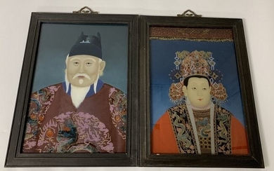 Pair of Chinese Portraits-Reverse Painted on Glass
