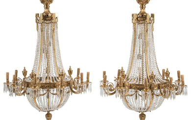 A Pair of French Noeclassical-Style Gilt Bronze and Crystal Ten-Light Chandeleiers