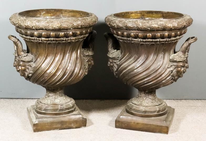 A Pair of Imposing Green/Brown Patinated Bronze Two-Handled Urns...