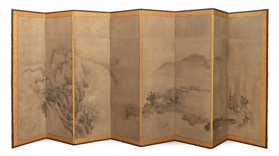 A Pair of Japanese Eight-Panel Screens, After Sesson Shukei, 17th...