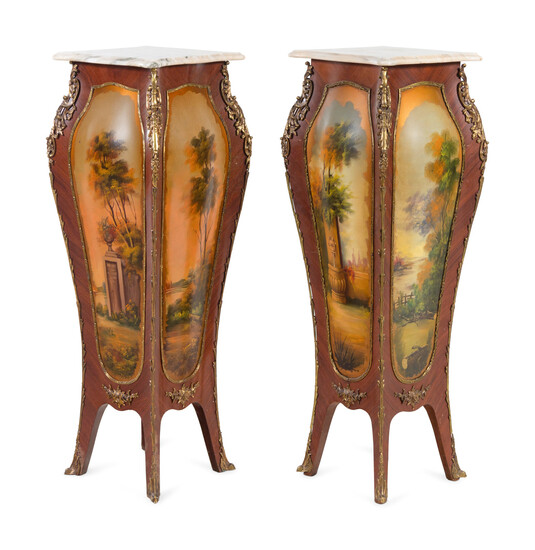 A Pair of Louis XV Style Gilt Metal Mounted Vernis Martin Marble-Top Pedestals