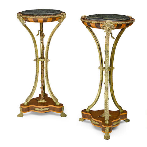 A Pair of Louis XVI Style Marble Top Gilt Bronze and Metal Mounted Fruitwood and Exotic Wood Gueridons