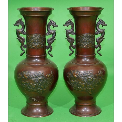 A Pair of Oriental Bronze Round Bulbous Thin Necked Trumpet ...