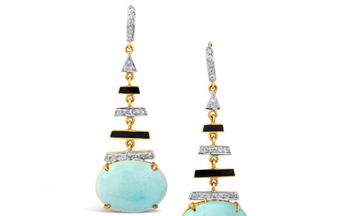 A Pair of Turquoise, Diamond, Enamel and Gold Ear Pendants