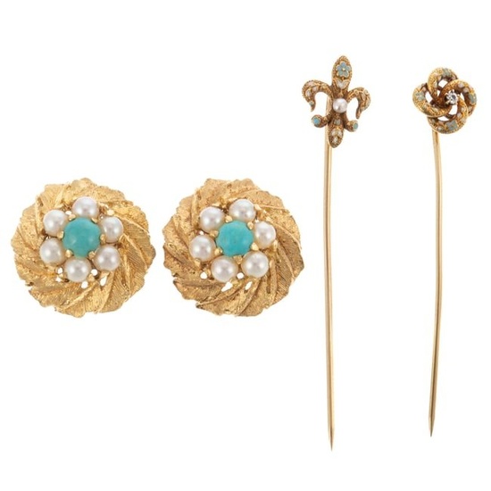 A Pair of Turquoise & Pearl Earrings & Stickpins
