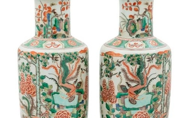 A Pair of Wucai Porcelain Rouleau Vases Height 19 1/2