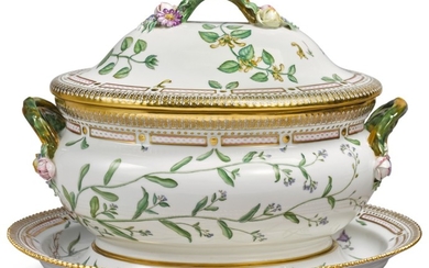 A ROYAL COPENHAGEN 'FLORA DANICA' OVAL TUREEN, COVER AND STAND, MODERN