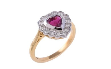 A RUBY AND DIAMOND HEART SHAPED CLUSTER RING