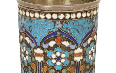 A RUSSIAN SILVER AND CLOISONNE ENAMEL SHOT GLASS