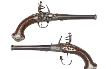 A Rare Pair Of 20-Bore Flintlock Silver-Mounted Two-Shot Superimposed-Load Breech-Loading...