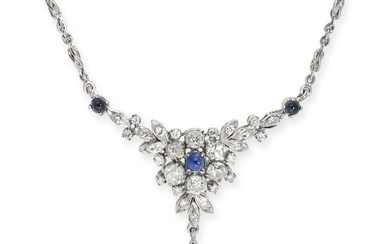 A SAPPHIRE AND DIAMOND NECKLACE the foliate style necklace set with a round cabochon sapphire in a