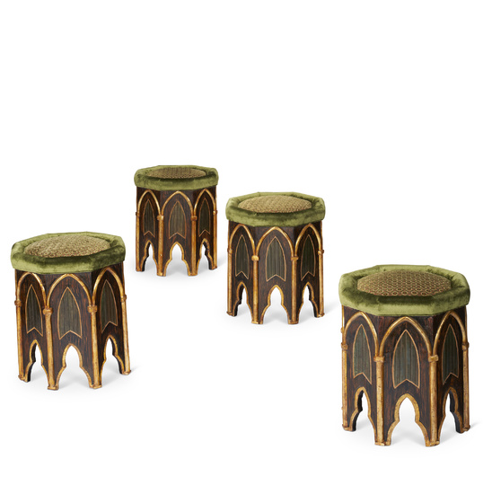 A SET OF FOUR SOUTH EUROPEAN NEO-GOTHIC PARCEL-GILT AND FAUX BOIS STOOLS POSSIBLY 19TH CENTURY