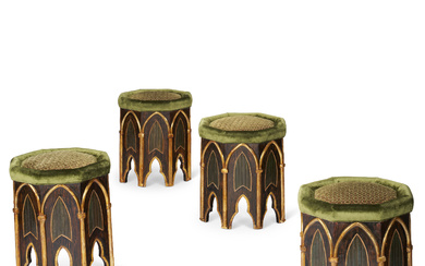 A SET OF FOUR SOUTH EUROPEAN NEO-GOTHIC PARCEL-GILT AND FAUX BOIS STOOLS POSSIBLY 19TH CENTURY