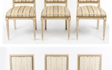 A SET OF SIX WHITE PAINTED LOUIS XVI STYLE DINING CHAIRS IN STUDDED SILK UPHOLSTERY, 92 CM H