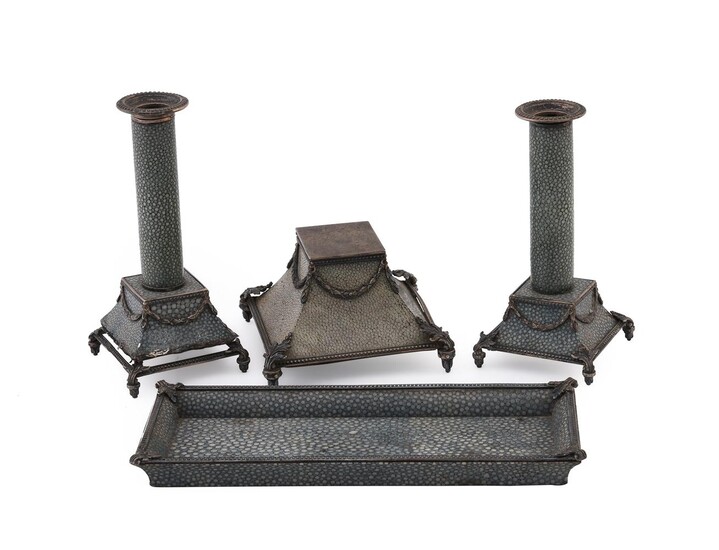 A SILVER MOUNTED AND SHAGREEN FOUR PIECE DESK SET, SAMUEL JACOB