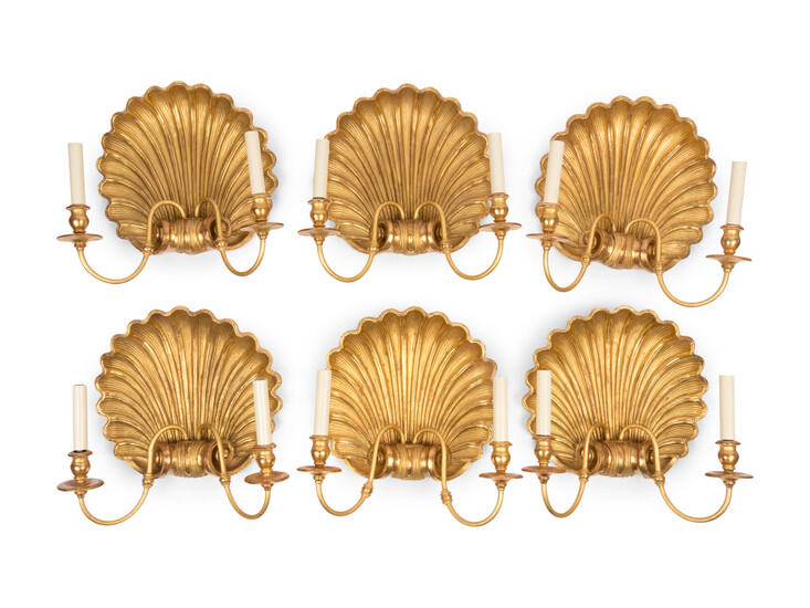 A Set of Six Giltwood Shell-Form Two-Light Sconces