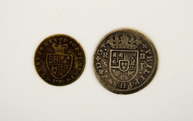 A Spanish Philip V of Spain 1722 silver coin together with a King George III half guinea gaming token.