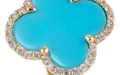 A TURQUOISE AND DIAMOND LUCKY CLOVER RING; 18ct gold Alhambra style quatrefoil ring with reconstituted turquoise plaque to surround...
