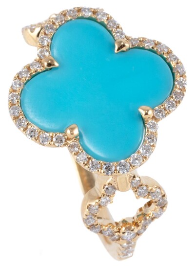 A TURQUOISE AND DIAMOND LUCKY CLOVER RING; 18ct gold Alhambra style quatrefoil ring with reconstituted turquoise plaque to surround...