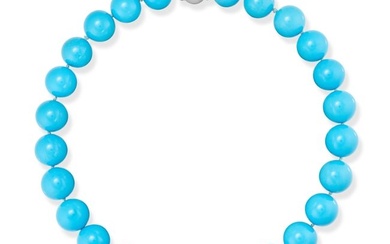 A TURQUOISE AND DIAMOND NECKLACE comprising a row of graduating polished turquoise beads, the clasp