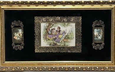 A VINTAGE FINE BONE CHINA EUROPEAN THEME PAINTING IN A RECTANGLE VICTORIAN GILT SHADOW BOX