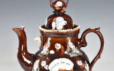 A Victorian barge ware teapot, inscribed "Think of Me&q...