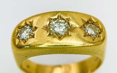 A Vintage 18K Yellow Gold Three Diamond Gypsy Ring....