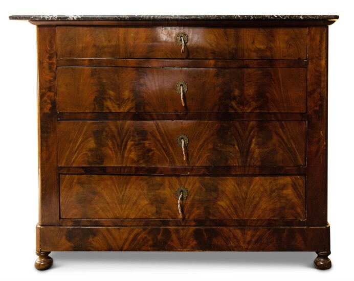 A WALNUT AND FOSSILISED MARBLE TOPPED CHEST OF DRAWERS