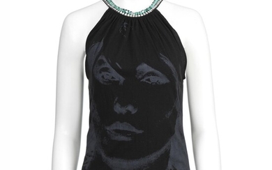 NOT SOLD. A black sleeveless top with grey print in the shape of a face and a neckline with numerous clear and turqouise stones. Size 38. – Bruun Rasmussen Auctioneers of Fine Art