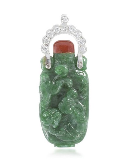 A carved jadeite and diamond pendant