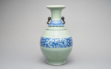 A celadon-ground, blue and white decorated vase