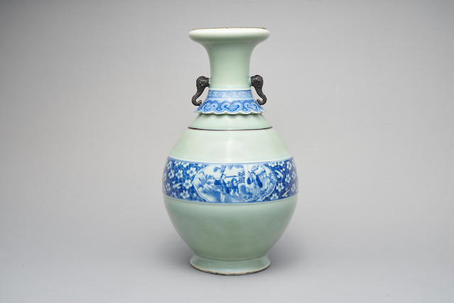 A celadon-ground, blue and white decorated vase