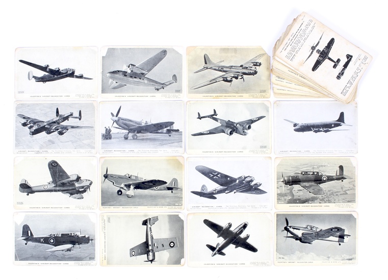 A collection of WWII Aircraft Recognition cards by Valentine & Sons Ltd. Featuring British, German and USA planes, used condition