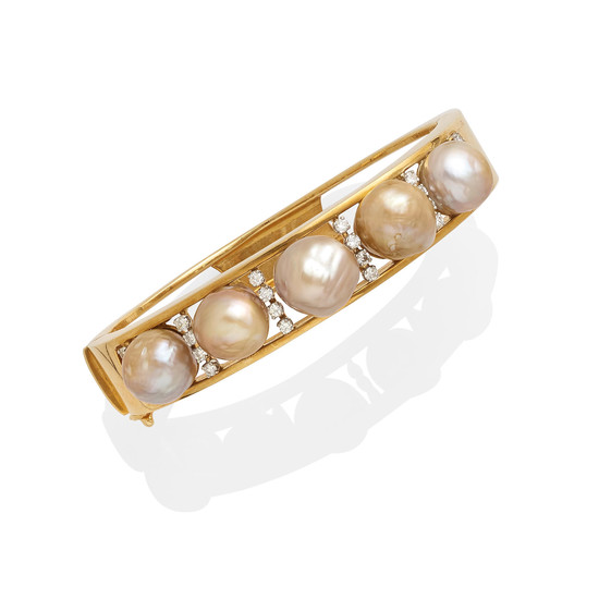 A cultured pearl and diamond hinged bangle