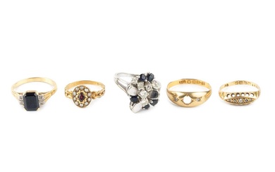 A diamond and sapphire dress ring, set with five brilliant...