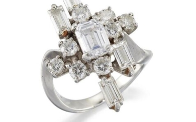 A diamond cluster ring, the cut-cornered rectangular...
