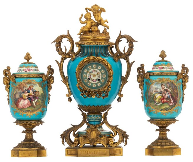 A fine Neoclassical three-piece clock garniture, Blue Célèste...
