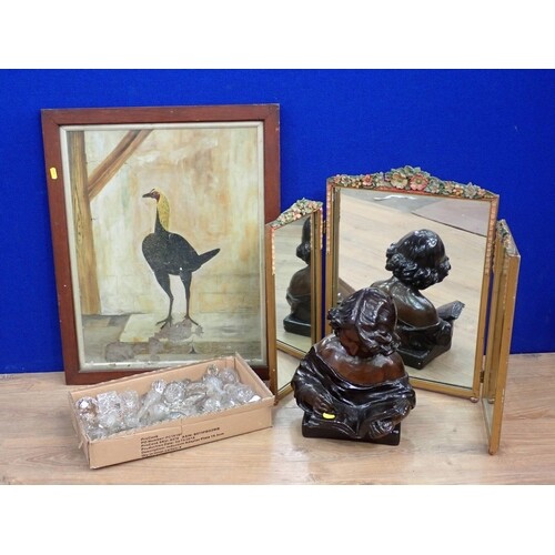 A framed painting of a Cockerel, a painted Bust of a child, ...