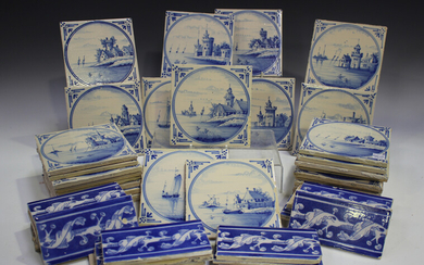 A group of approximately fifty Dutch Delft blue and white tiles, late 19th/early 20th century, each