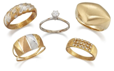 A group of five various rings, comprising: A diamond single stone ring; a single-cut diamond triple row half-hoop ring, stamped 750; a twist design half-hoop ring; a brush textured triangular bezel design ring; and a three colour half-hoop ring...
