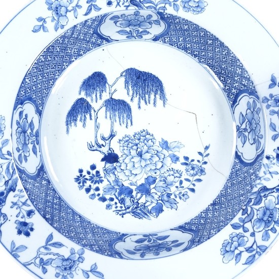A large Chinese blue and white porcelain bowl, hand painted ...