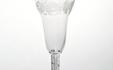 A large pan-topped wine glass c.1760, the generous bowl engraved...