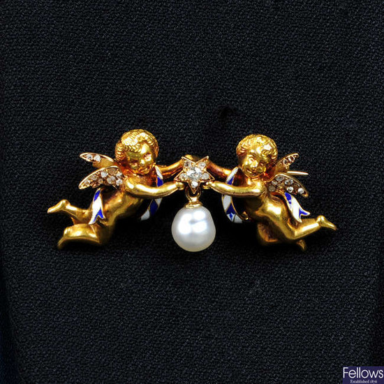 A late Victorian 18ct gold, diamond and enamel twin