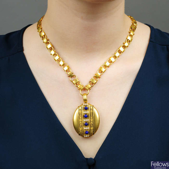 A late Victorian gold, lapis lazuli and split pearl floral locket, with 15ct gold necklace.