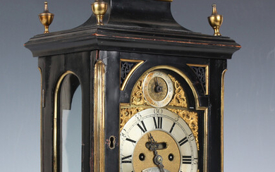 A mid-18th century brass mounted and ebonized diminutive bracket clock with eight day twin fusee mov