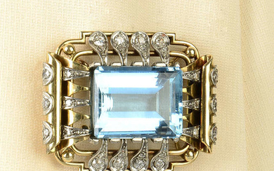 A mid 20th century 14ct gold and platinum aquamarine and diamond brooch.