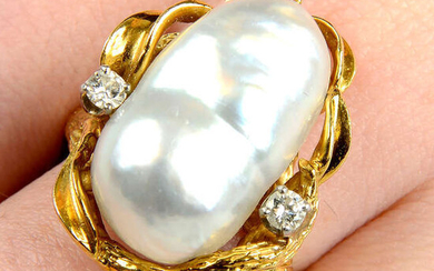 A mid 20th century 18ct gold baroque cultured pearl and brilliant-cut diamond ring, with textured foliate surround.